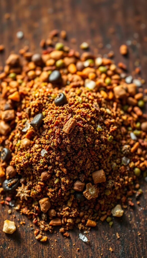 A vibrant, close-up photograph of a traditional Caribbean jerk seasoning blend, showcased on a rustic wooden surface. The seasoning is a harmonious mix of earthy spices, including fragrant allspice, fiery scotch bonnet peppers, pungent garlic, and fragrant thyme. The texture is coarse, with visible whole peppercorns and crunchy sea salt crystals. The lighting is warm and natural, casting gentle shadows that accentuate the blend's complex layers of color, from deep burgundy to vibrant green. The overall mood is authentic, evoking the vibrant culture and bold flavors of the Caribbean islands.
