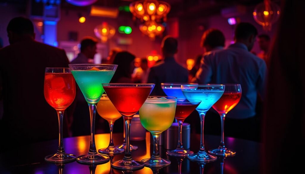 A vibrant cocktail party scene with mood lighting that enhances the colors of the alcoholic drinks. In the foreground, a table is set with various cocktail glasses filled with colorful liquids that catch the warm, soft lighting from above. The middle ground showcases partygoers mingling, their faces and attire illuminated by the glowing ambiance. In the background, subtle shadows and highlights create depth, drawing the viewer's eye towards the central focus - the beautifully lit drinks that seem to emanate an alluring glow. The overall atmosphere is inviting, sophisticated, and designed to capture the perfect blend of mood and aesthetics for an unforgettable alcoholic drinks experience.
