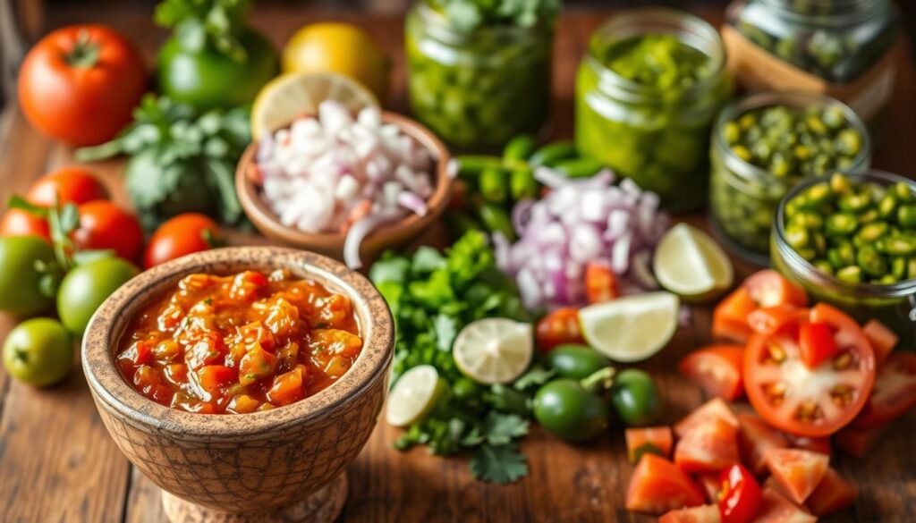 A vibrant collage of homemade Mexican salsas, artfully arranged on a rustic wooden table. In the foreground, a molcajete filled with a zesty red salsa, its chunky texture and bright hues drawing the eye. Surrounding it, an assortment of salsas in varying shades of green, each with its own distinctive blend of tomatillos, cilantro, and spices. The middle ground features freshly chopped ingredients - ripe tomatoes, onions, jalapeños, and limes - hinting at the flavors to come. Warm, natural lighting casts a soft glow, creating a welcoming, authentic atmosphere. The background is slightly blurred, allowing the salsas to take center stage, reflecting the rustic charm and cultural heritage of traditional Mexican cuisine. A vibrant collage of homemade Mexican salsas, artfully arranged on a rustic wooden table. In the foreground, a molcajete filled with a zesty red salsa, its chunky texture and bright hues drawing the eye. Surrounding it, an assortment of salsas in varying shades of green, each with its own distinctive blend of tomatillos, cilantro, and spices. The middle ground features freshly chopped ingredients - ripe tomatoes, onions, jalapeños, and limes - hinting at the flavors to come. Warm, natural lighting casts a soft glow, creating a welcoming, authentic atmosphere. The background is slightly blurred, allowing the salsas to take center stage, reflecting the rustic charm and cultural heritage of traditional Mexican cuisine.