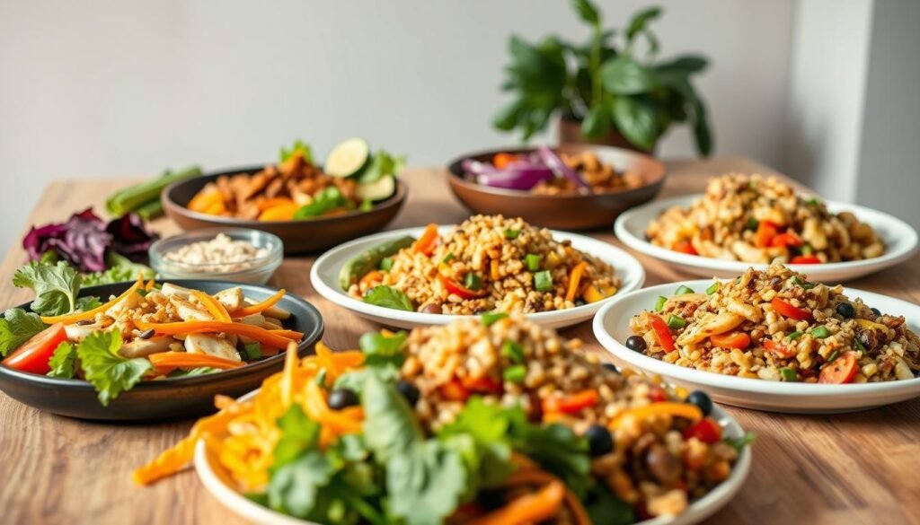 A vibrant collection of budget-friendly, nutrient-rich vegetarian dishes arranged on a wooden table. In the foreground, a variety of colorful vegetables, grains, and plant-based proteins create a visually appealing and wholesome spread. The middle ground features neatly plated servings, showcasing the delicious and balanced nature of these quick, easy-to-prepare meals. Soft, natural lighting casts a warm glow, highlighting the fresh ingredients and their appetizing presentation. The background features a simple, minimalist setting, allowing the focus to remain on the delectable and wholesome vegetarian dinners.
