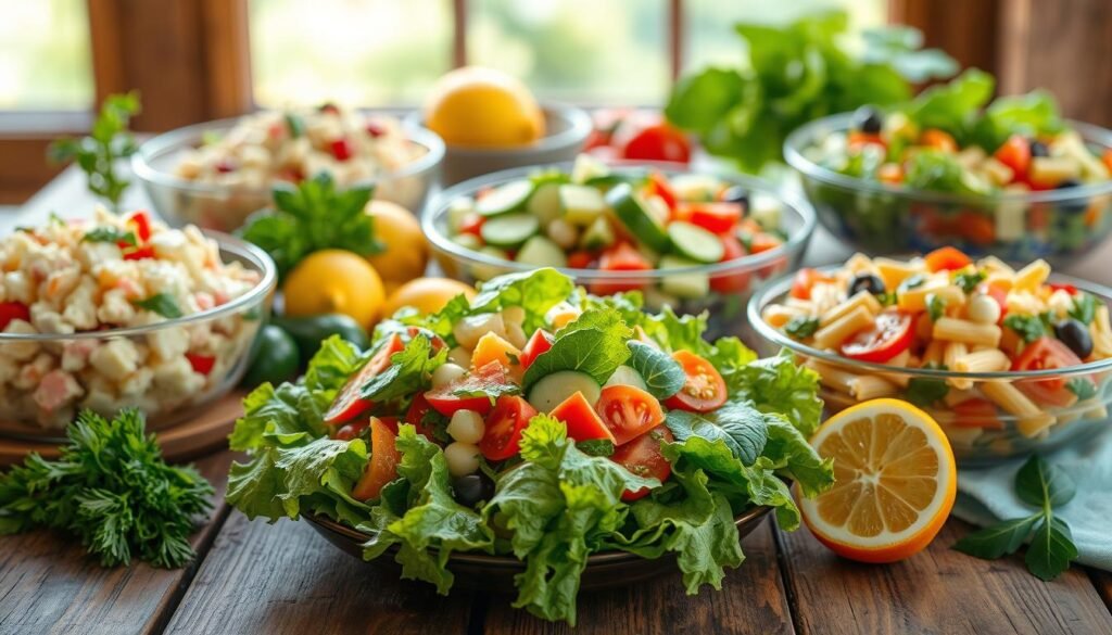 A vibrant collection of classic summer salad recipes, beautifully arranged on a rustic wooden table. In the foreground, a crisp green salad with fresh vegetables, drizzled with a light vinaigrette dressing. Surrounding it, an array of other summer staples - a creamy potato salad, a refreshing cucumber and tomato salad, and a vibrant pasta salad tossed with colorful veggies. The middle ground features a variety of fresh herbs, lemons, and other garnishes, adding pops of color and texture. In the background, a soft, hazy natural light filters through, creating a warm, inviting atmosphere. The overall scene exudes a sense of freshness, simplicity, and the essence of summer.