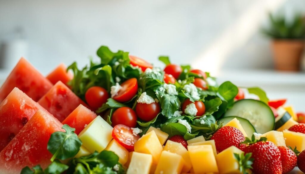 A vibrant collection of fresh summer salad ingredients against a light, airy backdrop. In the foreground, an array of colorful fruits - juicy watermelon slices, sweet honeydew cubes, and plump, ripe strawberries. In the middle ground, crisp greens like spinach and arugula cascade artfully, complemented by cherry tomatoes, cucumber slices, and a sprinkle of feta cheese. The background is softly blurred, suggesting an open, sun-drenched kitchen or patio setting. Warm, natural lighting casts a gentle glow, capturing the essence of a delightful summer salad ready to be assembled. The overall mood is one of refreshing lightness and seasonal abundance.
