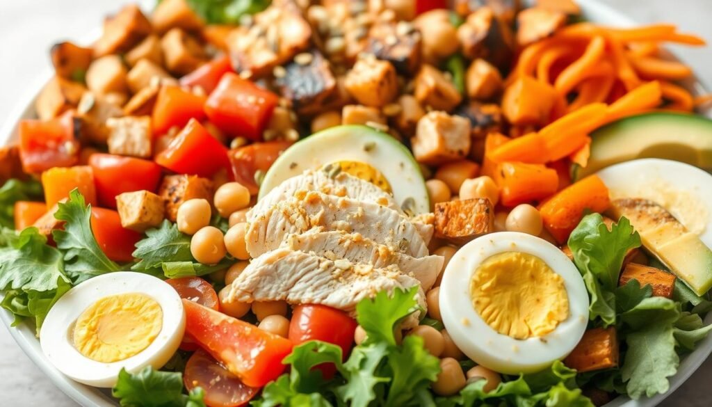 A vibrant, color-rich chopped salad with an abundance of protein-packed ingredients. In the foreground, a generous mix of fresh greens, tomatoes, sliced chicken breast, hard-boiled eggs, and crunchy chickpeas. The middle ground showcases an assortment of hearty toppings, including roasted sweet potatoes, grilled tofu cubes, and a sprinkle of sunflower seeds. In the background, a harmonious blend of earthy textures and hues, including shredded carrots, diced avocado, and a drizzle of a zesty, creamy dressing. Crisp, natural lighting illuminates the salad, highlighting its fresh, nourishing appeal. The overall composition conveys a sense of wholesome, satisfying nutrition, perfect for a protein-packed chopped salad.