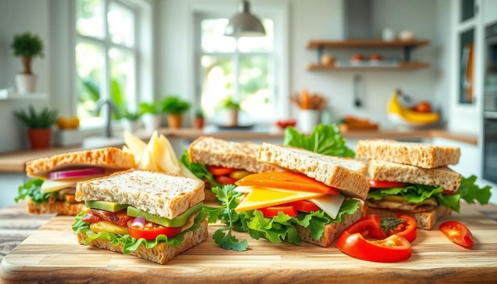 A vibrant, colorful scene depicting a variety of kid-friendly vegetarian sandwich options. In the foreground, an assortment of sandwiches arranged artfully on a wooden cutting board, featuring a range of fillings such as hummus, avocado, roasted vegetables, and cheese. The middle ground showcases fresh, crunchy ingredients like lettuce, tomatoes, and bell peppers, spilling out of the sandwiches. In the background, a bright, airy kitchen setting with natural light streaming in through large windows, creating a warm, inviting atmosphere. The overall mood is playful and appetizing, encouraging children to explore these delicious and nutritious sandwich options.