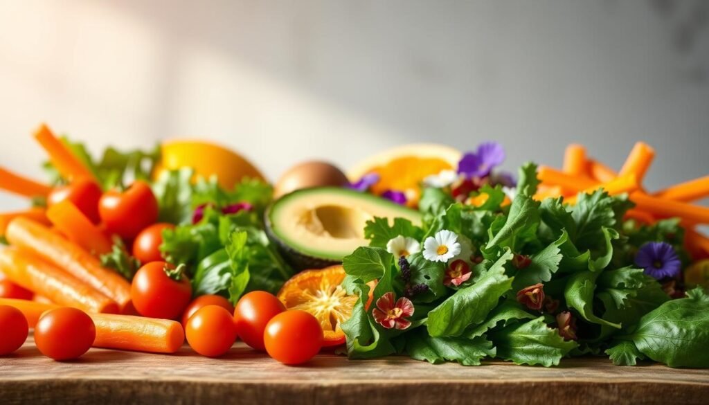 A vibrant, colorful still life featuring an assortment of healthy, kid-friendly salad ingredients artfully arranged on a wooden table. In the foreground, an array of crisp greens, juicy cherry tomatoes, crunchy carrot sticks, and bell pepper slices in various hues. The middle ground showcases creamy avocado halves, juicy orange wedges, and a sprinkle of vibrant edible flowers. Soft, natural lighting casts a warm glow, highlighting the fresh textures and vibrant colors. The background is a minimalist, neutral setting, allowing the salad components to take center stage. The overall composition conveys a sense of nutritious, balanced, and visually appealing salad options perfect for energizing young diners.