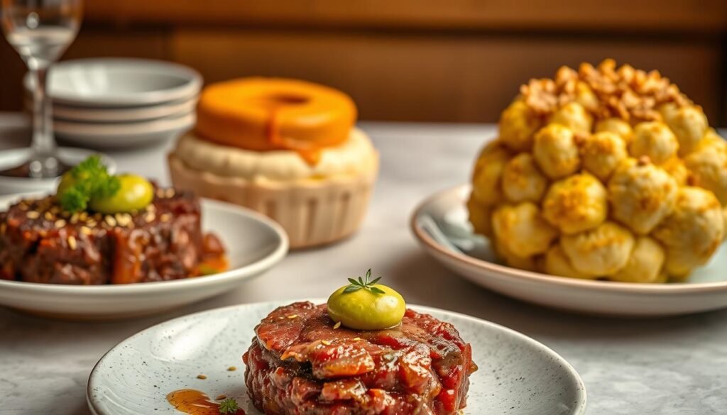 A vibrant culinary canvas where classic dishes are reinterpreted with modern flair. In the foreground, a succulent steak tartare is elevated with unexpected touches - a quenelle of avocado mousse, a sprinkle of toasted sesame seeds, and a delicate micro-herb garnish. The middle ground features a deconstructed shepherd's pie, its fluffy mashed potato crown gently cradling a rich, slow-braised lamb ragù. In the background, a visually striking whole-roasted cauliflower takes center stage, its florets gilded with a turmeric-infused béchamel and garnished with crispy panko breadcrumbs. Soft, diffused lighting casts a warm, inviting glow, while a subtle tension between tradition and innovation permeates the scene.
