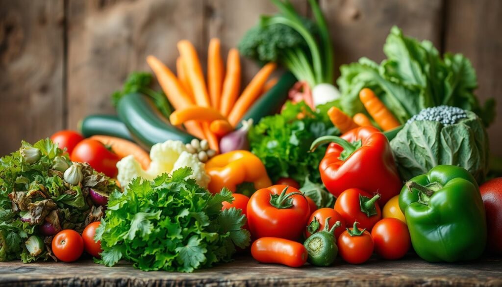 A vibrant display of fresh, colorful vegetables arranged on a rustic wooden table. In the foreground, a variety of crunchy greens, juicy tomatoes, and crisp bell peppers, beautifully presented in a visually striking manner. The middle ground features an assortment of vivid, glistening veggies, including zucchini, carrots, and radishes, carefully positioned to create a captivating visual harmony. The background showcases a natural, earthy setting, with a soft, warm lighting that enhances the vibrant hues and natural textures of the produce. The overall atmosphere exudes a sense of health, vitality, and the joy of sharing a delightful, nourishing salad experience.