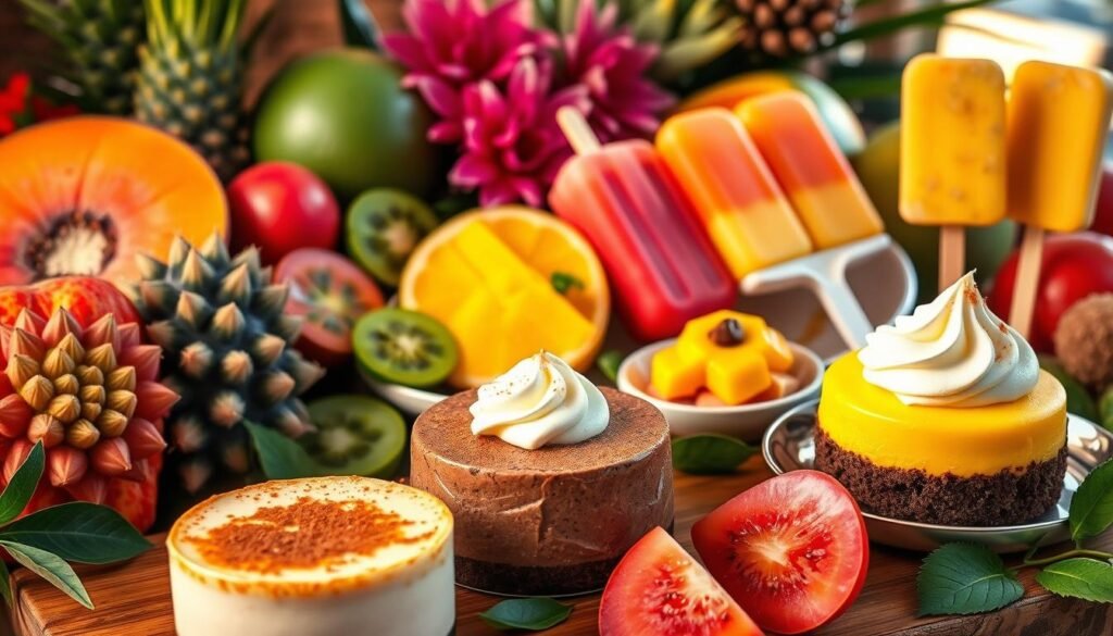 A vibrant display of vegan Mexican desserts, featuring a lush array of colorful, plant-based treats. In the foreground, a tempting trio of delicate coconut flan, rich chocolate avocado mousse, and creamy cashew-based cheesecake with a dusting of cinnamon. Midground showcases a platter of vibrant prickly pear sorbet and silky mango-lime popsicles, all nestled against a backdrop of fresh tropical fruits and lush greenery. Warm, golden lighting casts a welcoming glow, setting the stage for a delightful and guilt-free fiesta of flavors. The entire scene is captured through a softly focused, high-resolution lens, creating a mouthwatering and visually appealing presentation.