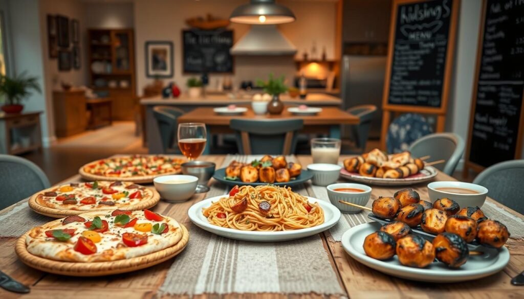 A vibrant, family-friendly dinner table set for a cozy evening. In the foreground, a variety of kid-friendly meal options - mini pizzas, colorful veggie-packed pasta, and grilled chicken skewers with dipping sauces. The middle ground features a rustic wood table with a striped tablecloth, flanked by woven placemats and mismatched ceramic dishware. The background reveals a warm, softly lit kitchen, with framed family photographs and a chalkboard menu board displaying the day's menu. The overall atmosphere is relaxed and inviting, capturing the essence of stress-free, nourishing dinners for the whole family.