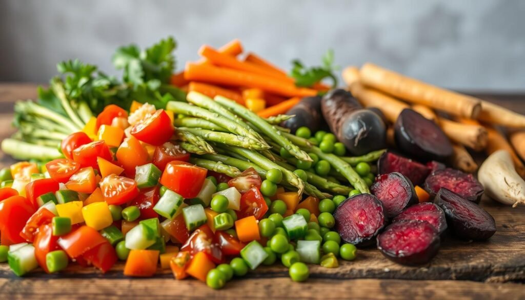 A vibrant, fresh spring vegetable salad arranged on a rustic wooden table, with a soft, natural lighting illuminating the scene. In the foreground, a medley of crisp, colorful vegetables - juicy cherry tomatoes, crunchy cucumbers, tender asparagus spears, and vibrant green peas - are neatly chopped and artfully arranged. The middle ground features a selection of earthy, roasted root vegetables like carrots, beets, and parsnips, adding depth and texture to the composition. The background is a simple, neutral backdrop, allowing the colors and textures of the seasonal ingredients to take center stage. The overall mood is one of simplicity, freshness, and seasonal abundance, perfectly capturing the essence of a delightful spring chopped salad.