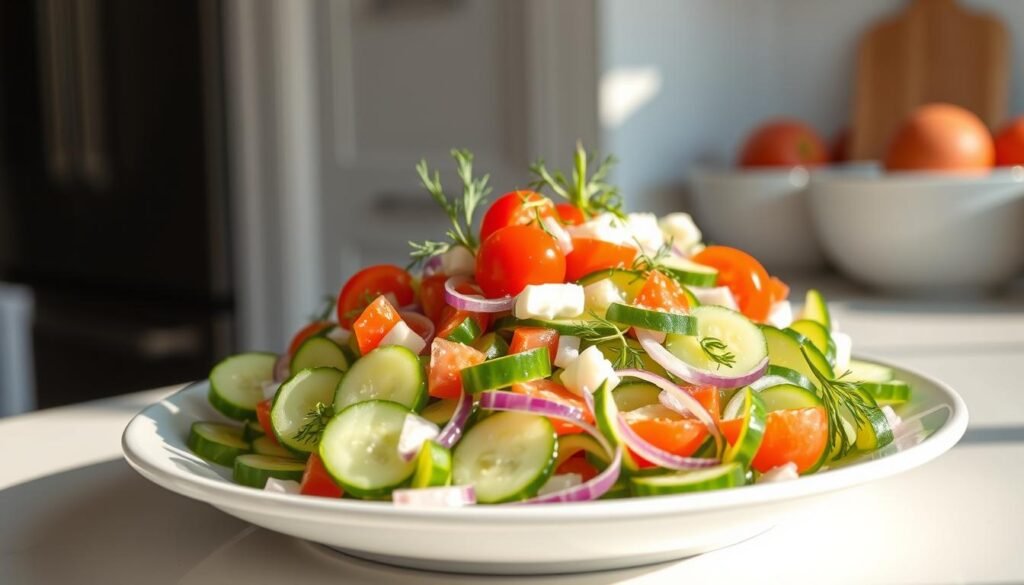 A vibrant, freshly prepared cucumber salad takes center stage on a white ceramic plate, bathed in warm, natural lighting. The crisp, thinly sliced cucumbers are arranged in an appealing pattern, complemented by diced red onions, halved cherry tomatoes, and sprigs of fresh dill. A tangy, creamy dressing, made with Greek yogurt and a hint of lemon, gently coats the vegetables, enhancing their flavors. The salad exudes a refreshing, summery vibe, perfect for a wholesome, make-ahead meal. In the background, a clean, minimalist kitchen countertop provides a simple, uncluttered backdrop, allowing the vibrant colors and textures of the salad to shine.
