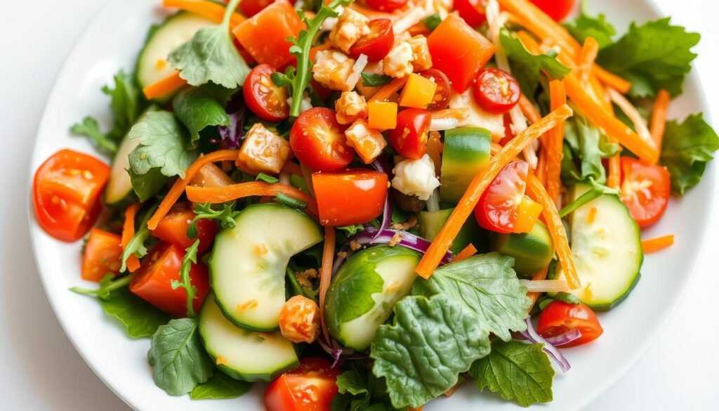 A vibrant, freshly prepared salad with an array of colorful, crisp vegetables arranged artfully on a white ceramic plate. The salad is composed of a mix of leafy greens, such as spinach and arugula, interspersed with sliced cucumbers, cherry tomatoes, shredded carrots, and a sprinkling of chopped bell peppers. A light, tangy vinaigrette dressing glistens over the salad, adding a touch of zest. The image is captured with a clean, well-lit composition, emphasizing the natural textures and vibrant hues of the ingredients. The overall scene conveys a sense of simplicity, healthfulness, and effortless elegance, perfectly encapsulating the "Quick and Easy Salad Recipes" theme.