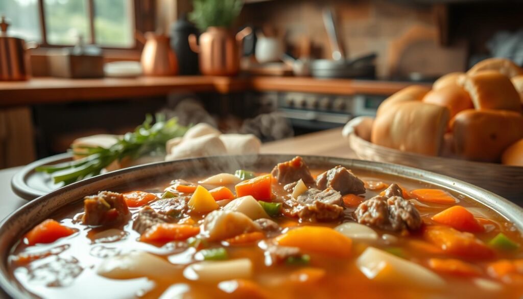 A vibrant, freshly prepared vegetable beef soup, steaming and inviting, takes center stage. In the foreground, tender chunks of beef, carrots, celery, and onions simmer in a rich, savory broth. The middle ground features a platter of crusty, buttery bread rolls, ready to soak up the flavorful liquid. The background showcases a rustic, cozy kitchen setting, with wooden countertops, copper pots, and a warm, inviting atmosphere. Soft, natural lighting from a nearby window bathes the scene in a gentle glow, highlighting the soup's vibrant colors and the enticing aromas wafting through the air.