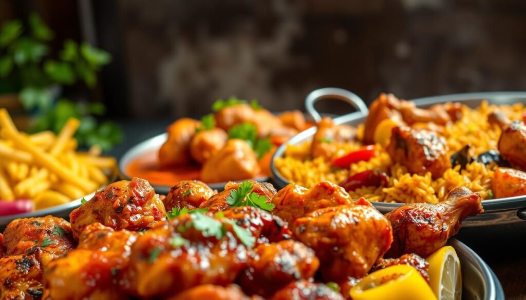 A vibrant, global array of international chicken dishes, presented with mouthwatering allure. In the foreground, a sumptuous tandoori chicken platter, its spice-kissed skin radiating warmth. Behind it, a steaming Thai red curry with tender chicken and vibrant vegetables, lit by soft indirect lighting. In the background, a Spanish paella brimming with saffron-infused rice, juicy chicken, and a bounty of seafood. The scene is captured with a wide-angle lens, showcasing the diversity and complexity of chicken dishes from around the world, all united by their bold, captivating flavors. The overall mood is one of culinary exploration and celebration, inviting the viewer to embark on a global gastronomic journey.