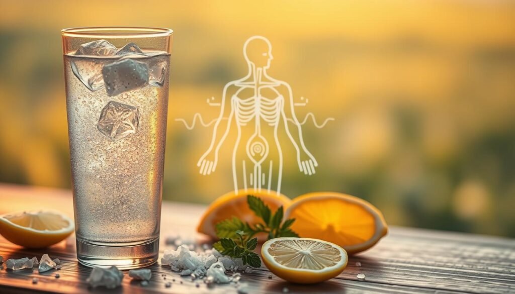 A vibrant, high-contrast image depicting the delicate balance of electrolytes in the human body. In the foreground, a transparent glass filled with a sparkling, mineral-rich beverage, surrounded by a scattering of electrolyte-rich ingredients like sea salt, lemon slices, and fresh herbs. The middle ground features a stylized anatomical diagram of the circulatory system, with pulsing lines representing the flow of electrolyte-balanced fluids. The background is a soft, blurred scene of a serene, hydrating landscape - perhaps a lush, green meadow or a tranquil beach. Warm, ambient lighting casts a soothing glow over the entire scene, conveying a sense of balance, health, and natural vitality.