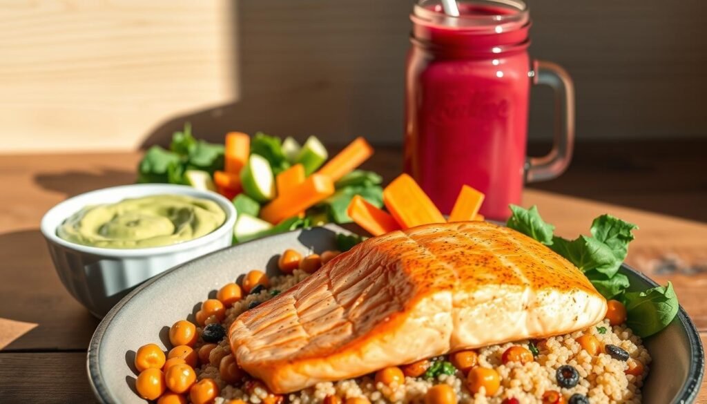 A vibrant, high-protein lunch spread, captured in natural light. In the foreground, a seared salmon fillet rests atop a bed of quinoa, dotted with roasted chickpeas and fresh spinach. Alongside, a small bowl of creamy avocado hummus, complemented by crisp carrot and cucumber sticks. The midground features a glass jar filled with a refreshing berry smoothie, its vibrant hue a testament to its nutrient-dense contents. In the background, a simple wooden table provides a rustic, earthy backdrop, enhancing the clean, wholesome atmosphere. Warm, soft shadows accentuate the textures and colors, creating a visually appetizing and inviting scene.