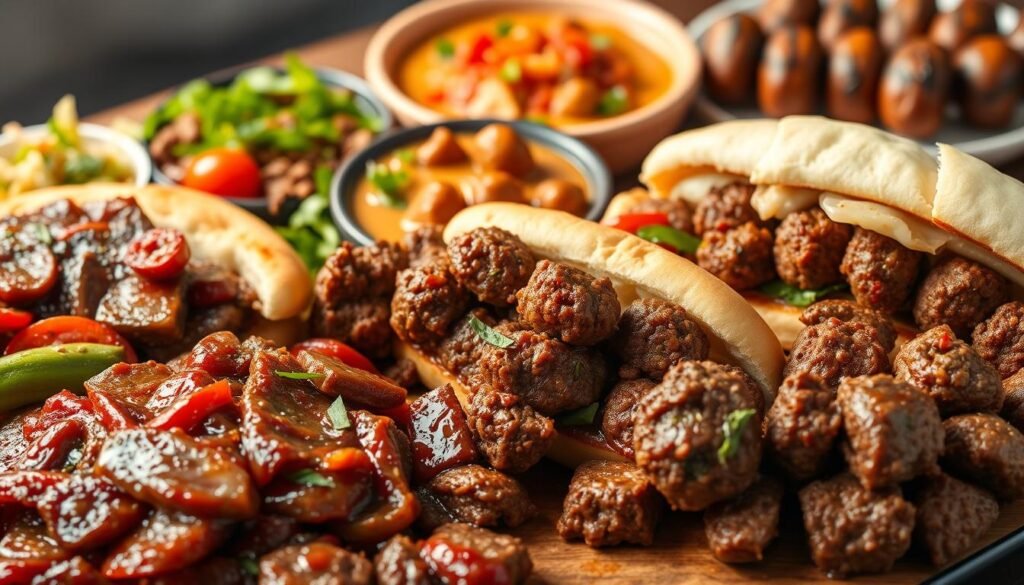 A vibrant international culinary tableau featuring an assortment of mouthwatering ground beef dishes. In the foreground, a succulent Korean bulgogi with tender slices of beef, sautéed vegetables, and a rich, glistening sauce. Alongside it, a hearty Italian meatball sub with fluffy bread, melted cheese, and a tangy tomato sauce. In the middle, a fragrant Thai beef curry with tender chunks of beef in a creamy, aromatic coconut milk broth, garnished with fresh herbs. In the background, a classic Middle Eastern kofta kebab with grilled ground beef skewers, served with a bright tabbouleh salad. Bathed in warm, natural lighting and captured with a wide, cinematic lens to showcase the diverse flavors and textures of these global beef-based specialties.