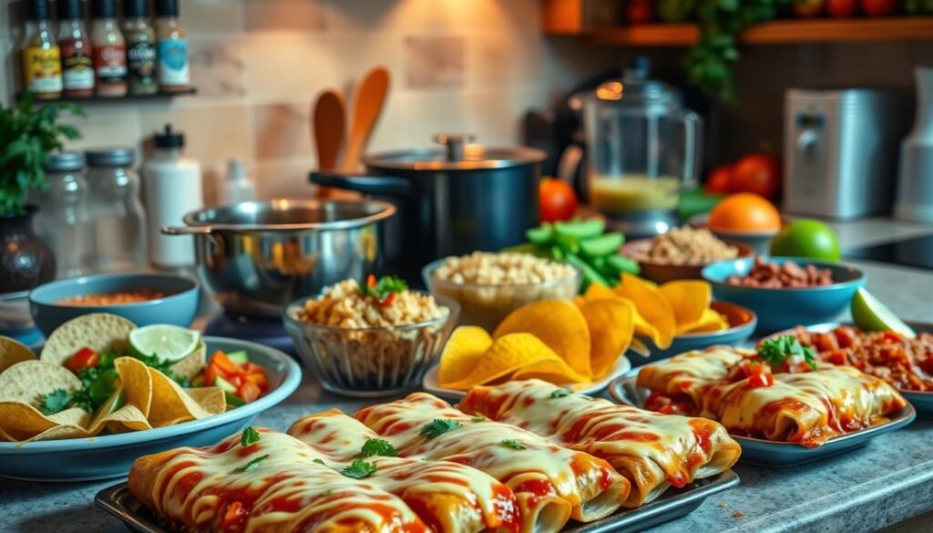 A vibrant, inviting kitchen counter showcases a variety of freshly prepared Mexican dishes. In the foreground, steaming enchiladas brimming with melted cheese and spicy sauce take center stage. Alongside, a platter of crisp taco shells and bowls of diced tomatoes, chopped cilantro, and tangy lime wedges await assembly. In the middle ground, a simmering pot of fragrant rice and beans releases enticing aromas, while a blender whirs, whipping up a creamy, zesty guacamole. The background features a neatly stocked spice rack and an array of colorful, ripe produce, hinting at the wholesome, homemade nature of these easy weeknight Mexican recipes. Warm, indirect lighting casts a cozy glow, inviting the viewer to dive into this flavorful spread. A vibrant, inviting kitchen counter showcases a variety of freshly prepared Mexican dishes. In the foreground, steaming enchiladas brimming with melted cheese and spicy sauce take center stage. Alongside, a platter of crisp taco shells and bowls of diced tomatoes, chopped cilantro, and tangy lime wedges await assembly. In the middle ground, a simmering pot of fragrant rice and beans releases enticing aromas, while a blender whirs, whipping up a creamy, zesty guacamole. The background features a neatly stocked spice rack and an array of colorful, ripe produce, hinting at the wholesome, homemade nature of these easy weeknight Mexican recipes. Warm, indirect lighting casts a cozy glow, inviting the viewer to dive into this flavorful spread.