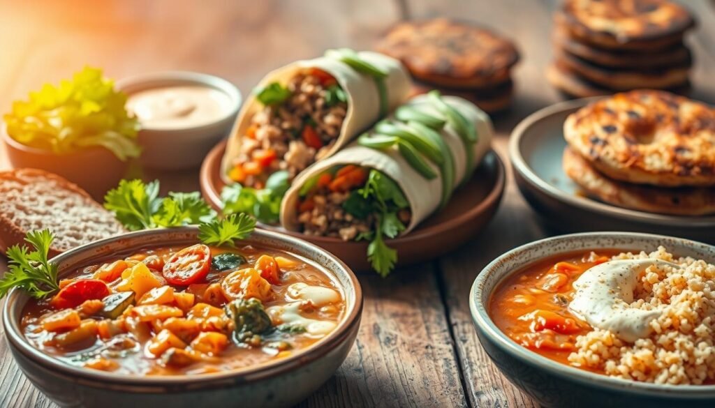 A vibrant, mouth-watering scene of a variety of appetizing vegetarian quick lunch dishes artfully arranged on a rustic wooden table. In the foreground, a steaming bowl of hearty vegetable stew, accompanied by a fresh green salad and slices of crusty bread. In the middle ground, a colorful quinoa and roasted veggie wrap, drizzled with a creamy avocado sauce. In the background, a stack of crisp falafel patties, served with a tangy tahini dip and a side of fragrant basmati rice. The natural lighting casts a warm, inviting glow, highlighting the vibrant colors and textures of the dishes. The overall composition conveys a sense of simplicity, nourishment, and convenience, perfectly encapsulating the essence of "Quick Lunch Recipes for Busy Days That Taste Amazing."