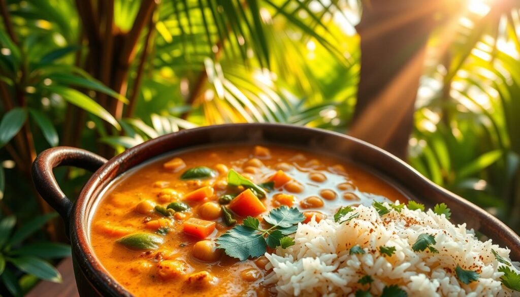 A vibrant, mouthwatering Caribbean chickpea curry, simmering in a clay pot amidst a lush, verdant backdrop. The curry bubbles with aromatic spices, coconut milk, and an array of fresh vegetables - carrots, bell peppers, and leafy greens. Sunlight filters through the canopy of tropical foliage, casting a warm, golden glow over the scene. The curry is accompanied by a pile of steamed basmati rice, fragrant with cumin and cilantro. The overall mood is one of nourishment, vitality and the vibrant flavors of Caribbean cuisine.