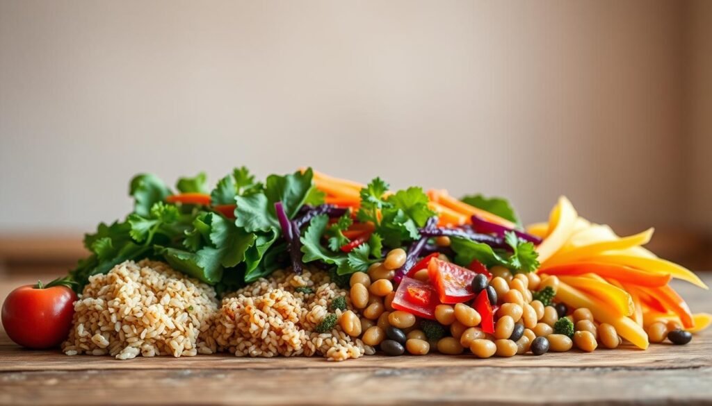 A vibrant, mouthwatering arrangement of fresh, colorful vegetarian lunch recipes takes center stage against a softly blurred, minimalist background. Crisp, steamed vegetables, hearty whole grains, and creamy, protein-rich legumes are artfully combined on a wooden table, illuminated by warm, natural lighting from an overhead window. The composition exudes a sense of simplicity, nourishment, and culinary delight, perfectly capturing the essence of wholesome, plant-based midday meals.
