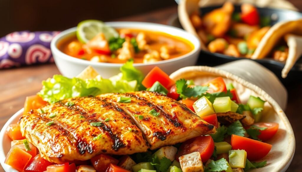 A vibrant, mouthwatering display of healthy Mexican chicken dishes, captured in a warm, natural light. In the foreground, a succulent grilled chicken breast is complemented by a colorful salad of diced tomatoes, crisp lettuce, and diced avocado, drizzled with a tangy lime-cilantro dressing. The middle ground features a hearty chicken tortilla soup, brimming with shredded chicken, tender vegetables, and a sprinkle of crushed tortilla chips. In the background, a sizzling skillet showcases a chicken fajita medley, with tender strips of chicken, sautéed peppers and onions, all wrapped in fresh, soft tortillas. The scene exudes an inviting, homemade atmosphere, highlighting the flavorful and nutritious nature of these Mexican chicken recipes.