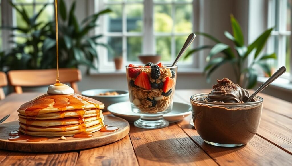 A vibrant, mouthwatering scene of sweet keto breakfast recipes. In the foreground, a rustic wooden table displays a selection of tempting dishes - golden almond flour pancakes drizzled with sugar-free syrup, a parfait layered with homemade keto granola and fresh berries, and a decadent keto-friendly chocolate chia pudding. Warm, natural lighting filters through large windows, casting a cozy glow over the scene. In the background, lush greenery and a minimalist, Scandinavian-inspired interior set the stage for this inviting keto breakfast spread. The overall mood is one of wholesome indulgence, with each recipe showcasing the delicious potential of a low-carb, high-fat lifestyle.
