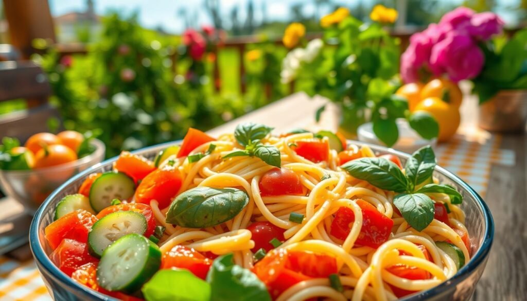 A vibrant, mouthwatering summer pasta salad, bathed in warm sunlight. In the foreground, a large bowl overflows with a colorful medley of fresh vegetables - juicy cherry tomatoes, crisp cucumbers, crunchy bell peppers, and fragrant basil leaves. Mid-frame, strands of al dente pasta intertwine with a creamy, zesty dressing. The background reveals a breezy outdoor setting, with a wooden table draped in a cheerful gingham tablecloth, surrounded by verdant foliage and a hint of a blue sky peeking through. The composition captures the essence of a casual, flavor-packed gathering, perfect for celebrating the bounty of the summer season.