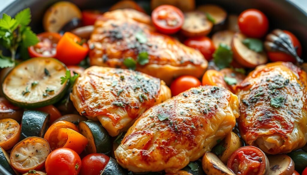 A vibrant one-pan Mediterranean chicken dish, with tender chicken thighs seared to golden perfection. In the foreground, the chicken is nestled among a colorful medley of roasted vegetables - zucchini, bell peppers, onions, and cherry tomatoes. Herbs like oregano, basil, and parsley add a fragrant touch, while a drizzle of olive oil and lemon juice lend a bright, tangy flavor. The background is bathed in warm, natural lighting, casting a soft, inviting glow over the scene. The entire composition is captured from a slightly elevated angle, showcasing the hearty, satisfying nature of this easy, one-pan Mediterranean chicken meal.
