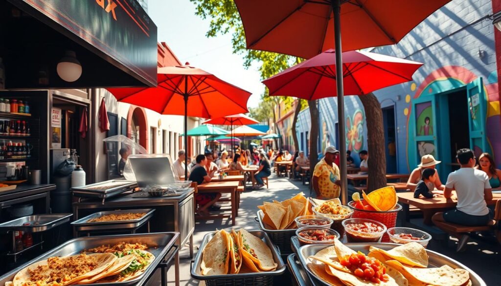 A vibrant outdoor scene on a sun-drenched Mexican street. In the foreground, a bustling street stall showcases an array of enticing Mexican street food - sizzling tacos, savory quesadillas, and zesty salsas. The middle ground features a casual dining area with wooden benches and colorful umbrellas, where people gather to enjoy the flavorful dishes. In the background, vibrant murals adorn the walls, capturing the lively spirit of Mexican culture. The warm, golden lighting casts a pleasant glow, complementing the bold colors and textures of the scene. An atmosphere of conviviality and shared delight in the simple pleasures of summer dining outdoors.