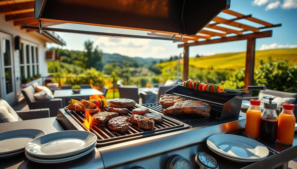 A vibrant outdoor scene with a well-equipped grill taking center stage. Sizzling steaks, juicy burgers, and skewers of colorful vegetables sear over an open flame, casting warm, golden light across the frame. The foreground features neatly arranged plates, utensils, and condiments, ready to serve up a delightful grilling feast. In the middle ground, a cozy patio setting with comfortable furniture invites the viewer to relax and enjoy the easy, breezy ambiance. The background showcases a lush, verdant landscape, with a clear blue sky overhead, creating a serene and inviting atmosphere for an effortless grilling experience.
