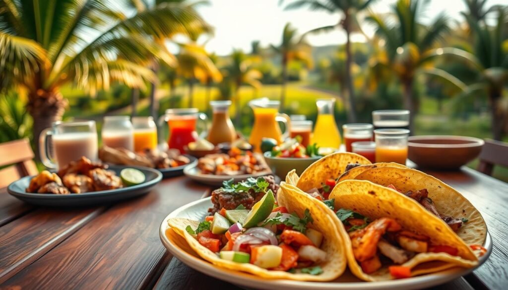 A vibrant outdoor scene with a wooden table set for a summer gathering. In the foreground, a plate showcases an assortment of grilled tacos - corn tortillas filled with marinated steak, spicy chicken, and roasted vegetables. Garnishes like diced onions, cilantro, and lime wedges add vibrant pops of color. In the middle ground, colorful pitchers of refreshing beverages like horchata and jamaica sit alongside a spread of salsas, guacamole, and other condiments. The background depicts a lush, verdant landscape with palm trees swaying in a gentle breeze, setting the stage for an authentic Mexican fiesta. Warm, golden sunlight bathes the scene, creating a cozy, inviting atmosphere.