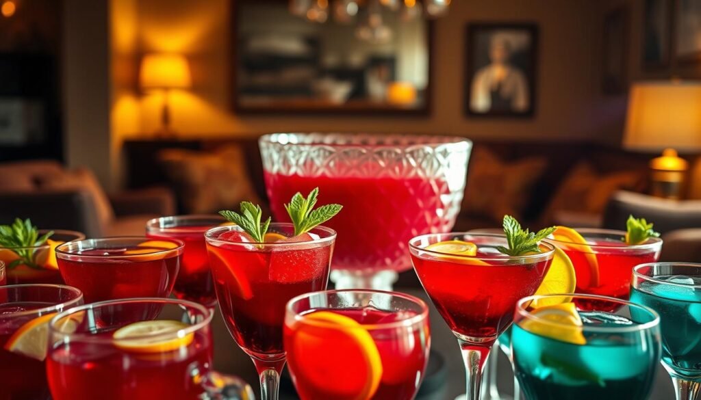 A vibrant party punch display set against a backdrop of gleaming glassware and a warm, festive ambiance. In the foreground, an array of colorful cocktail glasses brimming with a rich, jewel-toned punch, garnished with fresh citrus slices and sprigs of mint. The middle ground showcases an ornate punch bowl, its crimson liquid reflecting the soft, golden lighting overhead. In the background, a cozy, intimate gathering space with plush furnishings and subtle accents, creating an inviting atmosphere for social revelry. Subtle lens flare and a depth of field effect lend an air of sophistication to the scene, capturing the essence of an indulgent, crowd-pleasing alcoholic punch for a group celebration.