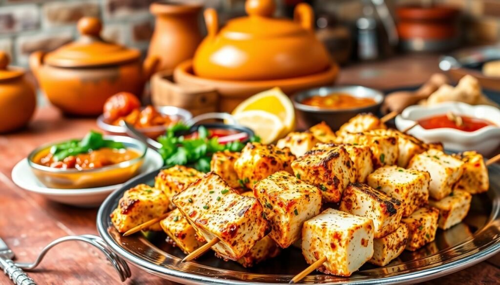 A vibrant photograph showcasing an assortment of classic paneer tikka recipes. In the foreground, a platter displays neatly arranged skewers of marinated paneer cubes, seasoned with a blend of aromatic Indian spices, tandoori masala, and yogurt. The middle ground features an array of colorful side dishes, such as mint chutney, tamarind sauce, and lemon wedges, complementing the tikka. The background depicts a rustic kitchen counter with traditional Indian clay cookware and a backdrop of warm, earthy tones. The lighting is soft and natural, highlighting the rich hues and textures of the paneer tikka and its accompaniments. The overall atmosphere evokes the comforting and inviting essence of classic Indian cuisine.