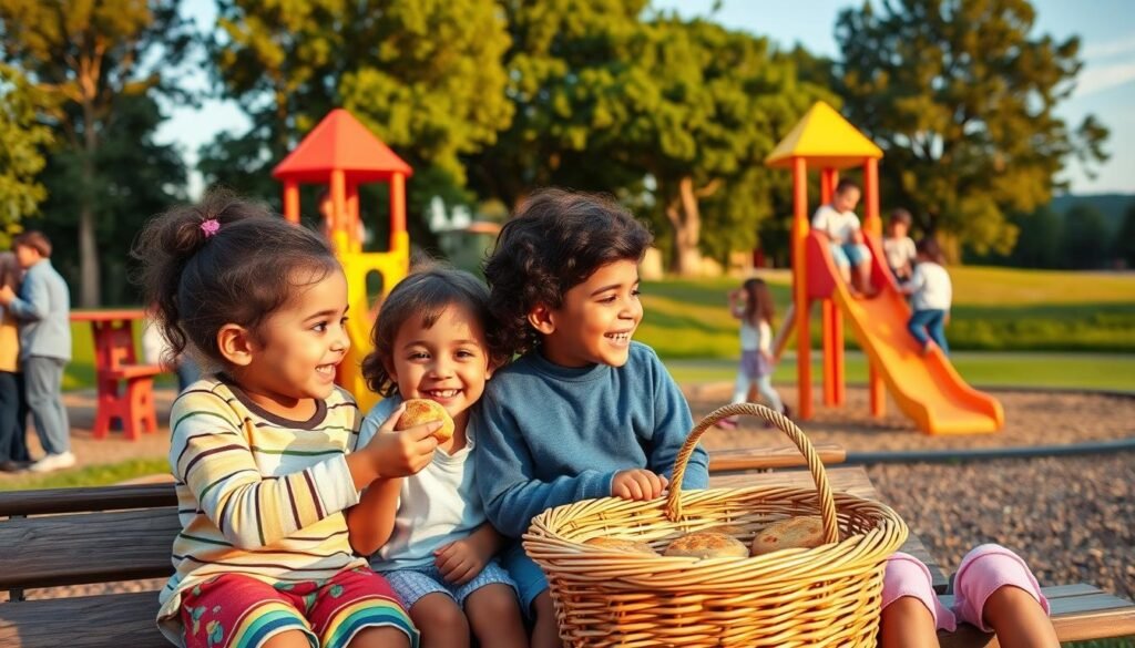A vibrant playground scene at golden hour, with a group of diverse children playing and exploring their childhood companions. In the foreground, two young friends sit together on a bench, sharing a freshly baked mini quiche from a wicker basket. The middle ground features a brightly colored play structure, where a small group of children climb and slide, their laughter filling the air. In the background, a lush green landscape with towering trees and a clear blue sky provides a serene backdrop. The lighting is warm and inviting, casting a soft glow over the entire scene, capturing the joy and innocence of a cherished childhood moment. A vibrant playground scene at golden hour, with a group of diverse children playing and exploring their childhood companions. In the foreground, two young friends sit together on a bench, sharing a freshly baked mini quiche from a wicker basket. The middle ground features a brightly colored play structure, where a small group of children climb and slide, their laughter filling the air. In the background, a lush green landscape with towering trees and a clear blue sky provides a serene backdrop. The lighting is warm and inviting, casting a soft glow over the entire scene, capturing the joy and innocence of a cherished childhood moment.