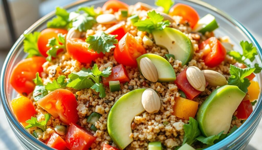 A vibrant quinoa salad overflows with fresh greens, juicy tomatoes, crisp cucumbers, and colorful bell peppers. Sunlight filters through the glass bowl, casting a warm glow on the array of ingredients. The quinoa grains glisten, infused with a tantalizing blend of herbs and spices. Sliced avocado adds a creamy contrast, while toasted almonds provide a satisfying crunch. The composition is visually stunning, capturing the essence of an international, nutritious salad that would invigorate and delight the senses.