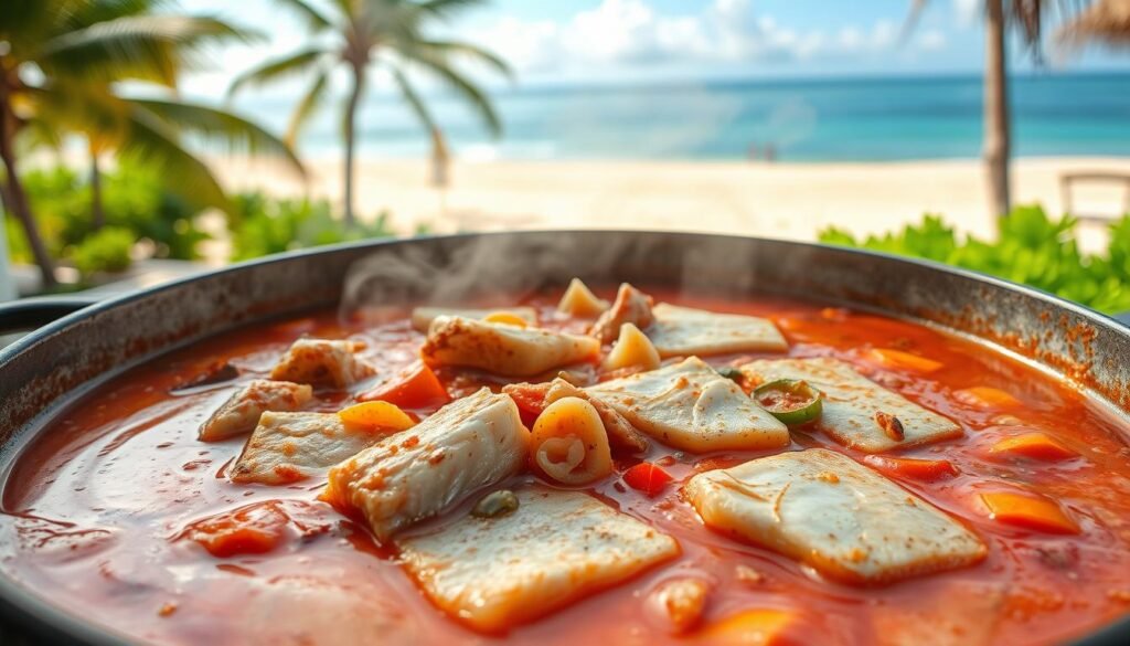 A vibrant red snapper soup simmers in a large pot, the aroma of Caribbean spices filling the air. In the foreground, thick chunks of the fresh, flaky fish float in a rich, tomato-based broth, accented with sautéed onions, garlic, and bell peppers. Swirls of coconut milk lend a creamy texture, while a mix of warm, earthy spices such as cumin, coriander, and paprika add depth of flavor. The scene is illuminated by soft, natural lighting, casting a golden glow over the steaming bowl. In the background, a lush, tropical setting of palm trees and a sandy beach sets the scene, transporting the viewer to a Caribbean paradise.