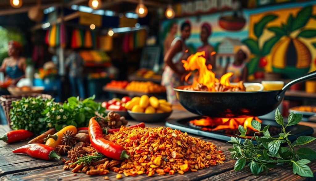 A vibrant scene of authentic Jamaican flavors, captured in rich, vivid detail. In the foreground, a selection of colorful spices and herbs - fragrant allspice, fiery scotch bonnet peppers, and fresh thyme - laid out on a rustic wooden table. In the middle ground, a sizzling pan showcases the lively sights and sounds of traditional Jamaican cooking, with jerk chicken sizzling over an open flame. The background features a bustling market, with vendors hawking vibrant produce and a mural depicting the island's rich culture. Warm, golden lighting casts a welcoming glow, while a shallow depth of field draws the eye to the delectable culinary centerpiece. This image evokes the bold, unapologetic flavors and vibrant spirit of Jamaican cuisine.