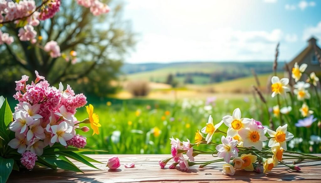 A vibrant scene of springtime delights unfolds, showcasing a lush garden bursting with colorful blossoms. In the foreground, a delicate arrangement of freshly picked flowers - cherry blossom petals, fragrant lilacs, and cheerful daffodils - rests atop a rustic wooden table. The middle ground reveals a verdant meadow, where swaying grasses and wildflowers dance in the gentle breeze. In the background, a picturesque landscape of rolling hills and a clear blue sky creates a serene, inviting atmosphere. Soft, natural lighting filters through the scene, casting a warm, golden glow and highlighting the vibrant hues. The overall mood is one of rejuvenation, joy, and the celebration of nature's seasonal bounty.