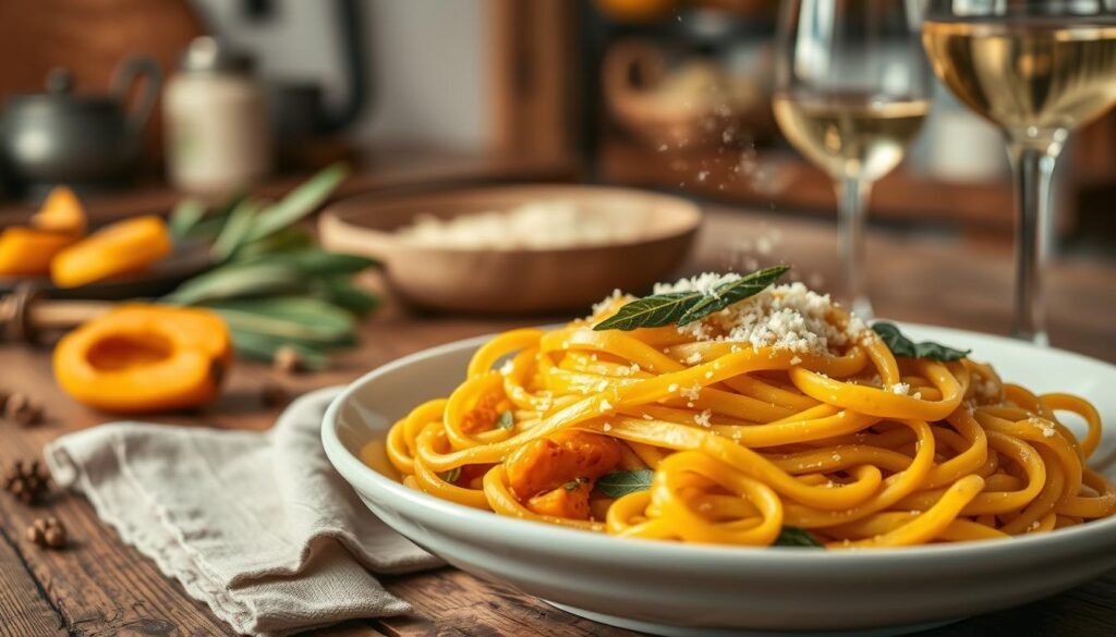 A vibrant, seasonal still life showcasing a steaming plate of butternut squash fettuccine. In the foreground, thick, creamy noodles are nestled among roasted butternut squash chunks, ribbons of fresh sage, and a light dusting of grated parmesan. The middle ground features a rustic wooden table, with a linen napkin and glass of white wine adding to the cozy, autumnal atmosphere. The background is softly blurred, hinting at a warm, inviting kitchen filled with the aroma of simmering herbs and spices. Warm, diffused lighting casts a gentle glow over the scene, highlighting the rich, earthy tones of the dish. The overall composition evokes a sense of comfort and culinary delight, perfectly capturing the spirit of a nourishing, seasonal vegetarian pasta recipe.