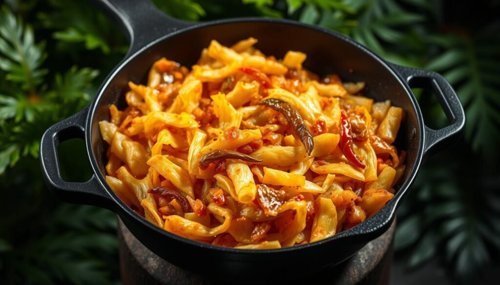 A vibrant, spicy fried cabbage dish takes center stage, sizzling in a cast-iron skillet against a backdrop of lush, tropical greens. The cabbage is sliced into thick, tender ribbons, coated in a fiery blend of Caribbean spices that sear and caramelize on the edges. Garlic, onions, and scotch bonnet peppers infuse the oil, creating a pungent, aromatic atmosphere. Dramatic side lighting casts dramatic shadows, accentuating the dish's rich, golden hues and textural depth. The composition is balanced, drawing the eye to the cabbage's glistening, crisp surface. An appetizing, soulful representation of Caribbean culinary traditions.