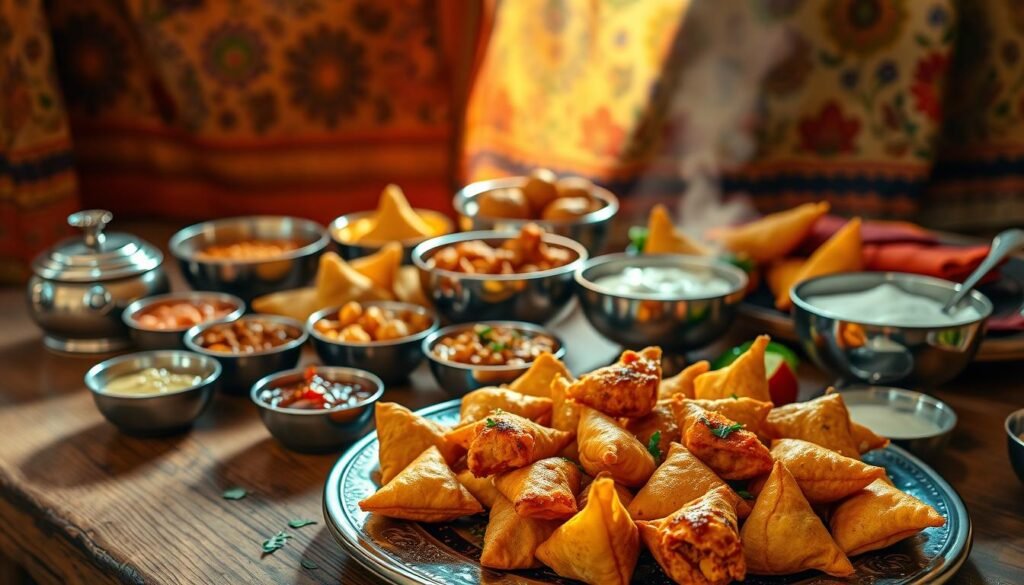 A vibrant spread of authentic Indian party snacks arranged on a rustic wooden table, bathed in warm, golden lighting. In the foreground, an assortment of colorful samosas, pakoras, and bhajias sizzle on a platter, their delicate textures and spiced aromas beckoning. In the middle ground, gleaming steel bowls filled with chutneys, curried lentils, and cooling raitas complement the savory treats. The background features a backdrop of ornate, patterned textiles, hinting at the rich cultural heritage of these beloved snacks. The overall scene emanates an inviting, convivial atmosphere, perfectly capturing the essence of an indulgent Indian tea time gathering.