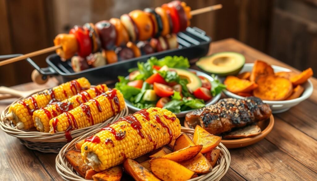 A vibrant spread of grilled BBQ side dishes, expertly arranged on a rustic wooden table. In the foreground, a basket overflowing with chargrilled corn on the cob, drizzled with a tangy barbecue glaze. To the side, a platter of crisp, golden-brown sweet potato wedges, seasoned with a blend of smoky spices. In the middle, a colorful salad of mixed greens, juicy tomatoes, and creamy avocado, dressed in a zesty vinaigrette. In the background, a sizzling skewer of marinated grilled vegetables, creating an enticing aroma. Warm, soft-lit natural lighting casts a cozy glow, highlighting the textures and vibrant colors of this mouthwatering display. A harmonious blend of classic and innovative BBQ side dishes, inviting the viewer to indulge in a truly creative and satisfying meal.