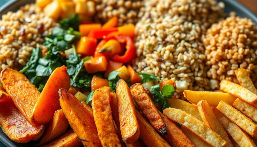 A vibrant spread of healthy potato side dishes, bathed in warm, natural lighting and captured with a professional-grade camera lens. In the foreground, roasted sweet potato wedges and crispy baked potato fries are artfully arranged, their golden-brown hues glistening. In the middle ground, a colorful medley of sautéed leafy greens and diced bell peppers add a burst of freshness. The background features a selection of wholesome grains, such as quinoa and brown rice, complementing the potato-centric dishes. The overall composition evokes a sense of balance, nutrition, and culinary sophistication, showcasing a delectable alternative to traditional, carb-heavy potato sides.