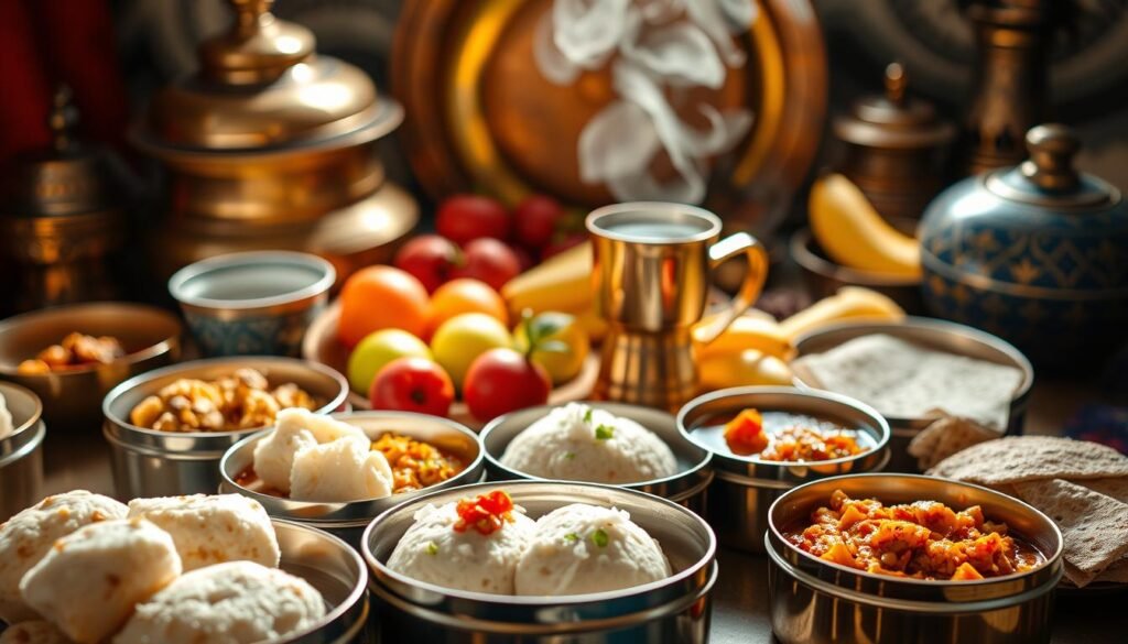 A vibrant spread of traditional Indian vegetarian breakfast delicacies, captured in a warm, natural light. In the foreground, a row of colorful steel tiffin boxes reveal an array of savory dishes - fluffy idli, crisp dosa, spiced sambar, fragrant coconut chutney. The middle ground features a brass tumbler of steaming, aromatic chai, accompanied by a selection of fresh, juicy fruits. In the background, a backdrop of antique brass thali and artisanal ceramic bowls, evoking the rustic charm of an Indian kitchen. The overall composition exudes a cozy, homely ambiance, inviting the viewer to savor the flavors of this regional culinary tradition.