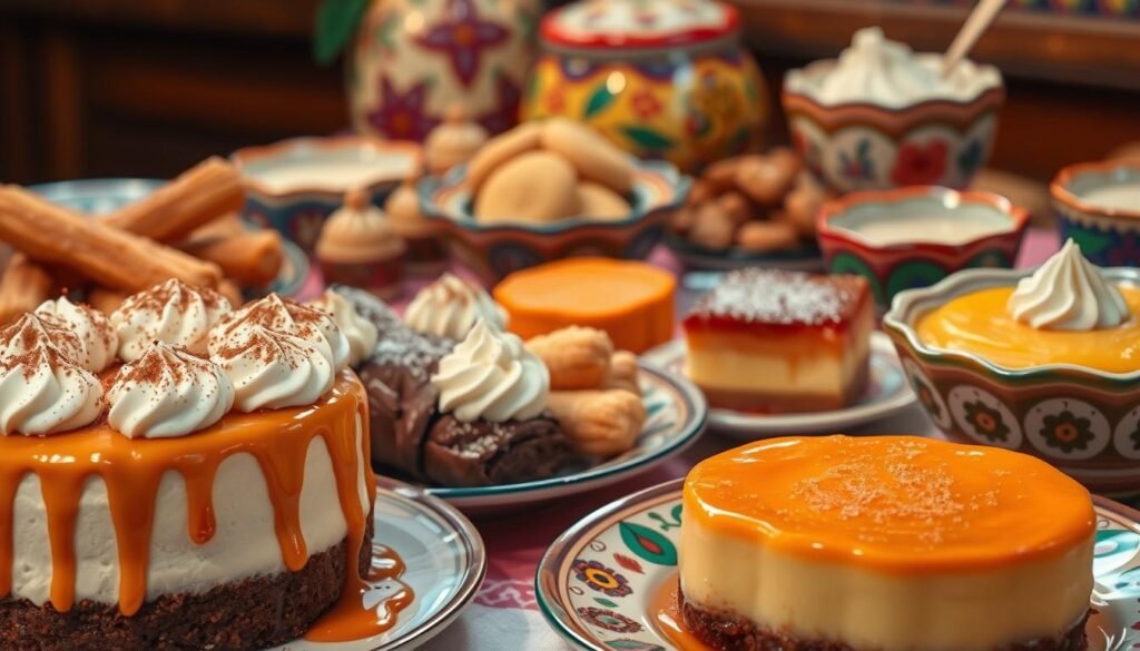 A vibrant spread of traditional Mexican holiday desserts, lit by warm, golden lighting. In the foreground, a decadent tres leches cake drizzled with caramel and adorned with cinnamon-dusted whipped cream, alongside a platter of colorful churros dusted in sugar. In the middle ground, a rich chocolate tamale and a vibrant, layered flan bathed in a shimmering orange glaze. The background features a selection of colorful, hand-painted ceramic dishes filled with festive treats like spiced Mexican wedding cookies, creamy rice pudding, and a fragrant, cinnamon-infused homemade horchata. The overall scene evokes the celebratory spirit and rich culinary traditions of Mexican holidays.
