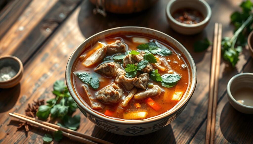 A vibrant, steaming bowl of authentic Asian fusion soup takes center stage, filled with a rich, aromatic broth, tender meat, and an array of fresh vegetables and herbs. The bowl is positioned on a rustic wooden table, surrounded by additional ingredients like aromatic spices, chopsticks, and a small ceramic dish. Soft, natural lighting illuminates the scene, casting gentle shadows and highlighting the depth of color and texture in the dish. The overall mood is one of warmth, complexity, and cultural blending, perfectly capturing the essence of "Authentic vs. Fusion Asian Soup Recipes".