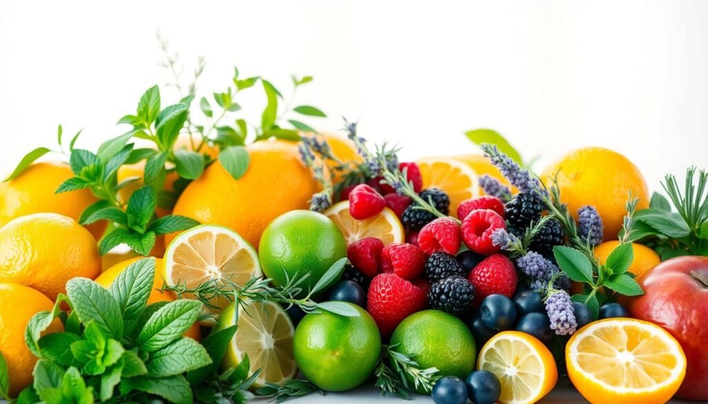 A vibrant still life arrangement showcasing a variety of fresh, flavorful fruits and aromatic herbs against a softly blurred, light-filled background. In the foreground, an assortment of citrus fruits such as lemons, limes, and oranges, alongside sprigs of mint, lemon balm, and rosemary. In the middle ground, a variety of berries, including raspberries, blackberries, and blueberries, intertwined with sprigs of thyme and lavender. The background features a clean, bright backdrop that emphasizes the natural beauty and vibrant colors of the produce. The lighting is natural and diffused, creating a warm, inviting atmosphere that evokes a sense of refreshment and hydration.