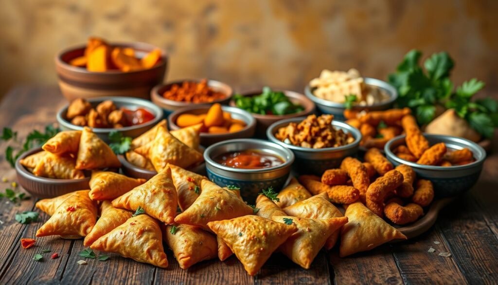 A vibrant still life arrangement showcasing an array of authentic Indian snack recipes. In the foreground, a colorful spread of freshly prepared samosas, pakoras, and bhujia, artfully arranged on a rustic wooden surface. The middle ground features bowls of aromatic spices, chutneys, and herbs, evoking the rich flavors of Indian cuisine. The background is softly blurred, allowing the vibrant snacks to take center stage, illuminated by warm, natural lighting that casts gentle shadows and highlights the textures. The overall mood is one of celebration, inviting the viewer to savor the delightful array of traditional Indian snack delicacies.