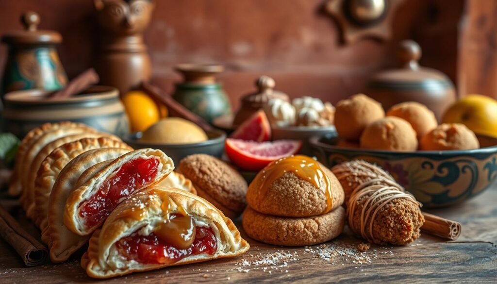 A vibrant still life capturing the rich, diverse desserts of Oaxaca, Mexico. In the foreground, a luscious selection of local confections - flaky empanadas filled with sweet guava, artfully arranged alongside moist, spice-infused polvorones and crumbly, honey-drizzled nieves de garrafa. The middle ground showcases the region's iconic ingredients, such as cinnamon sticks, fresh citrus, and traditional earthenware dishes. In the background, a warm, earthy color palette evokes the rustic charm of Oaxacan architecture, with hints of traditional textiles and folk art accents. Captured in soft, natural lighting that highlights the intricate textures and vibrant hues of these regional delicacies.